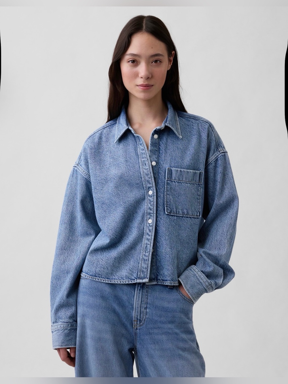 Gap UltraSoft Denim Oversized Straight-Hem Crop Shirt